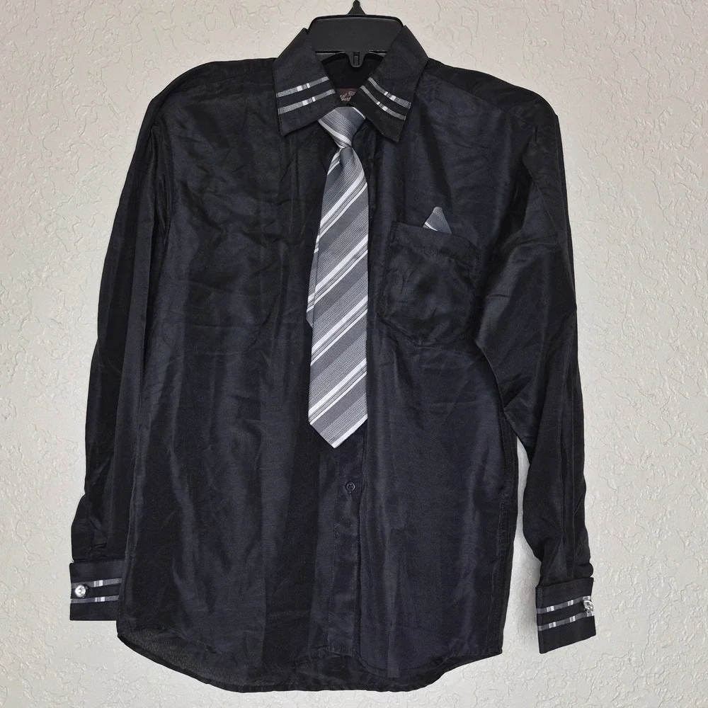 Alberto Danelli Boys Black Dress Shirt Set with Tie & Pocket Square Size L 14-16